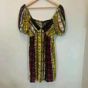 NWT FOREVER 21 YELLOW  MULTI COLOR PLAID PUFF SLEEVE MINI DRESS SIZE MEDIUM